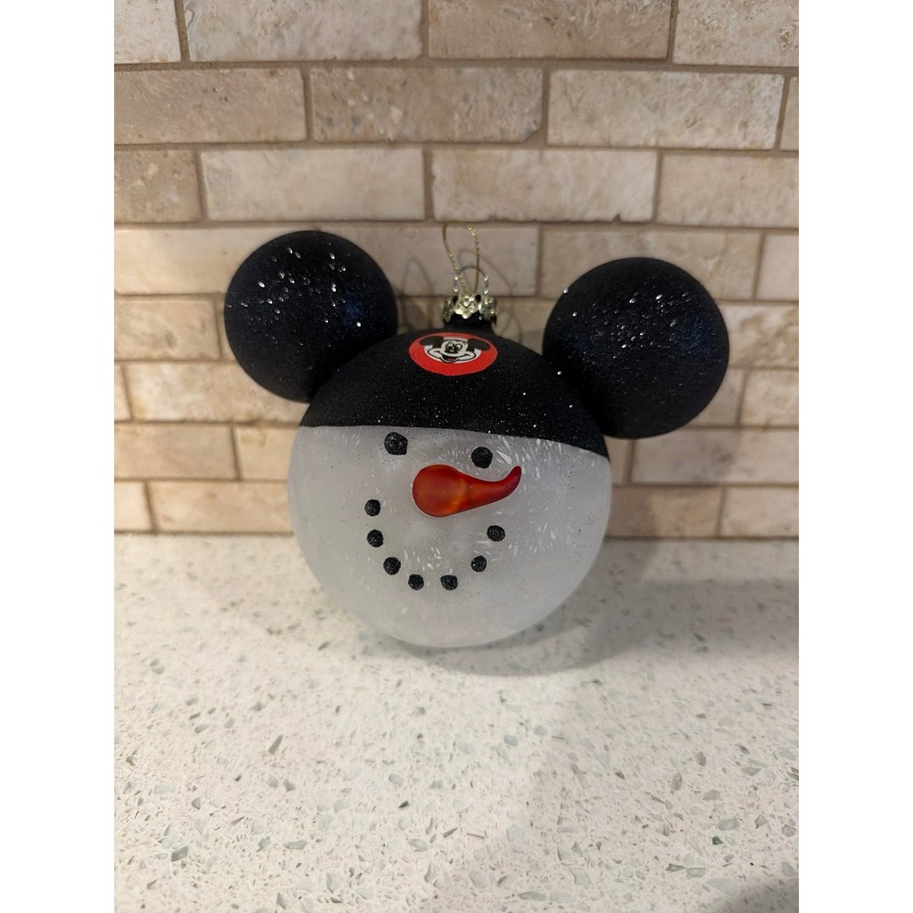 Disney Mickey Mouse Snowman Glass Christmas Ornament Black Glitter Ears Holiday